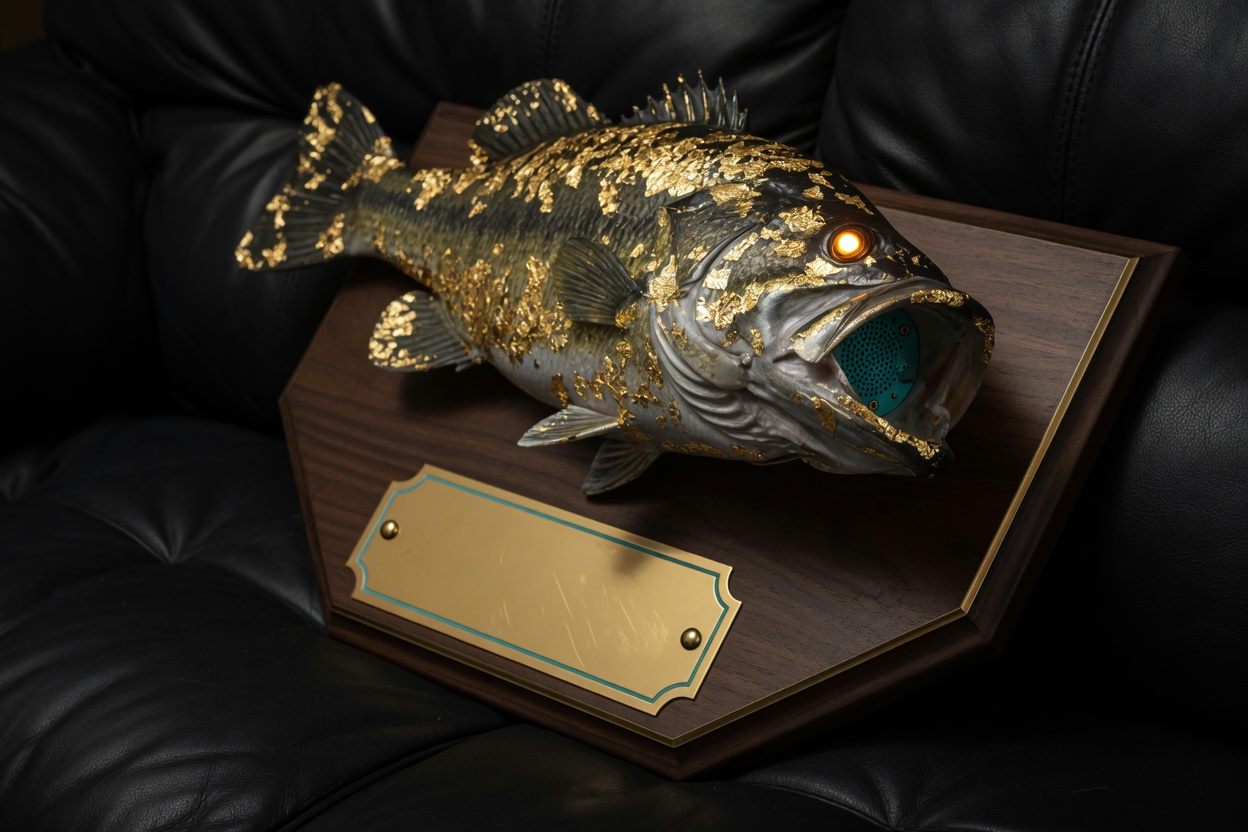 The Uncanny Championship: a gold-dusted talking bass mounted on a plaque